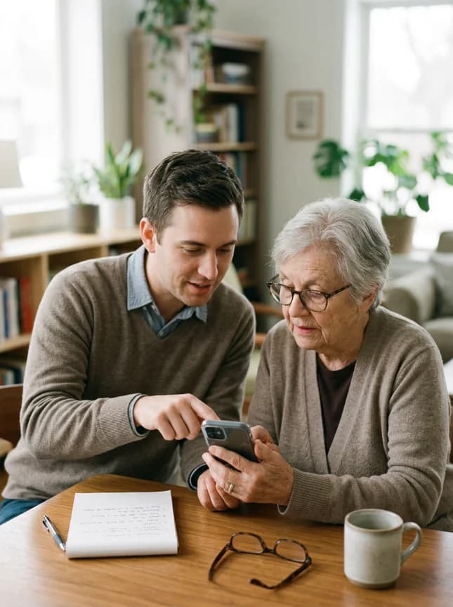 An older woman and a younger man exploring a smartphone together at a table.